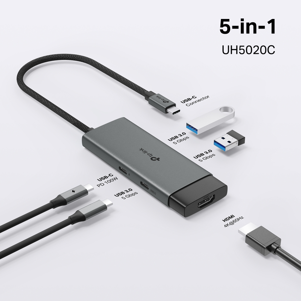 TP-Link UH5020C USB Type-C 5 in 1 Hub, 4K@60Hz HDMI, 100W Power Delivery, 1× USB-C Data Port, 2× USB-A Data Ports. - Image 4