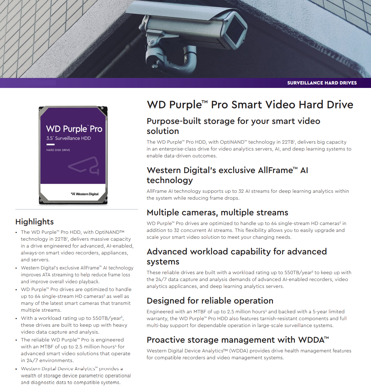 WD Purple Pro Surveillance 22TB 3.5 inch SATA HDD, WD221PURP